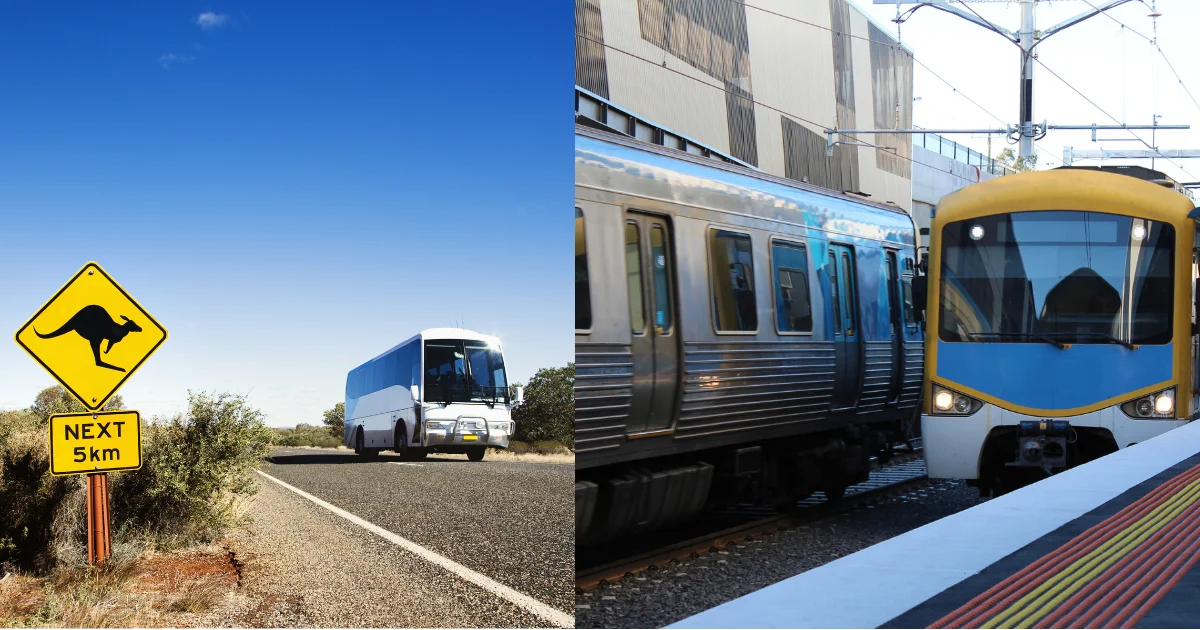 A side-by-side split image showing a white travel coach driving down a highway past a yellow kangaroo sign on the left, and a passenger train pulling into an Australian train station on the right.