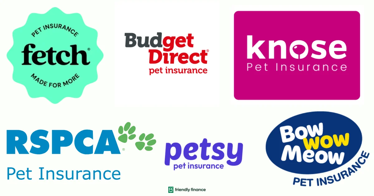 A collage of logos for some of the best pet insurance providers in Australia, including Fetch, Budget Direct, Knose, RSPCA, Petsy, and Bow Wow Meow.
