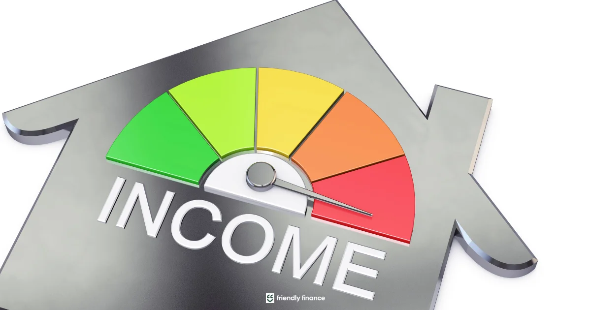A metallic icon shaped like a house with the word 'INCOME' written on it. An indicator gauge above the word points to the red zone, symbolising a low income level.