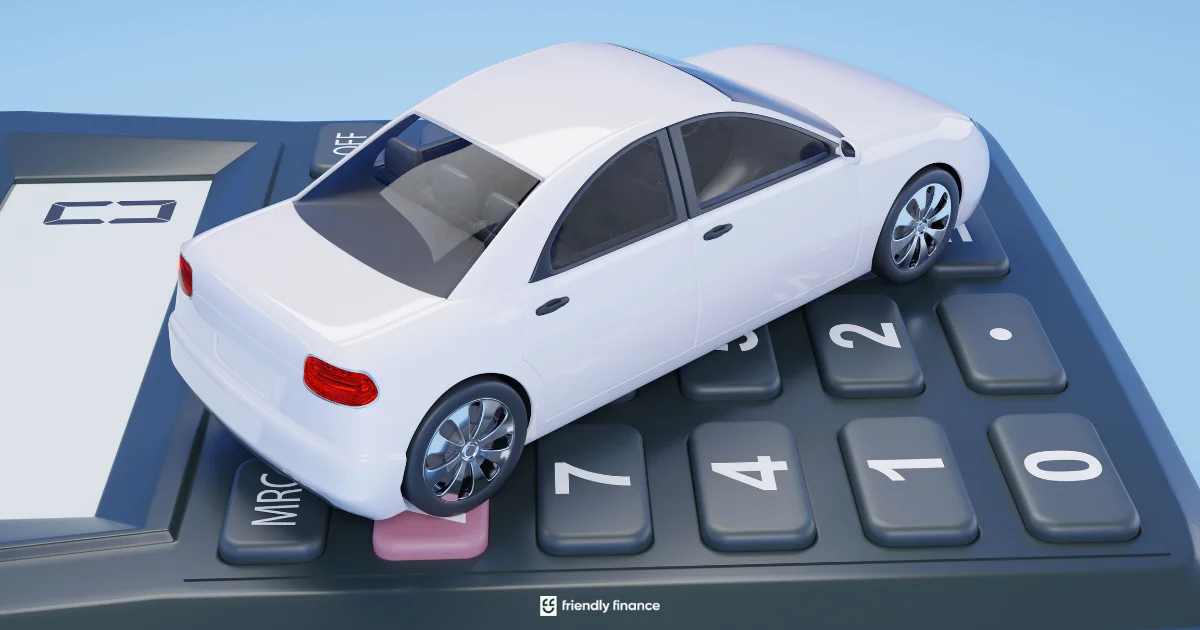 A conceptual image of a modern white car resting on the keypad of a large calculator, symbolizing the process of calculating a car's value or loan payments.