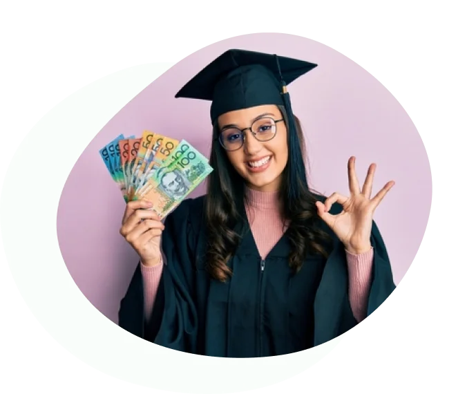 Female graduate smiling and holding Australian banknotes